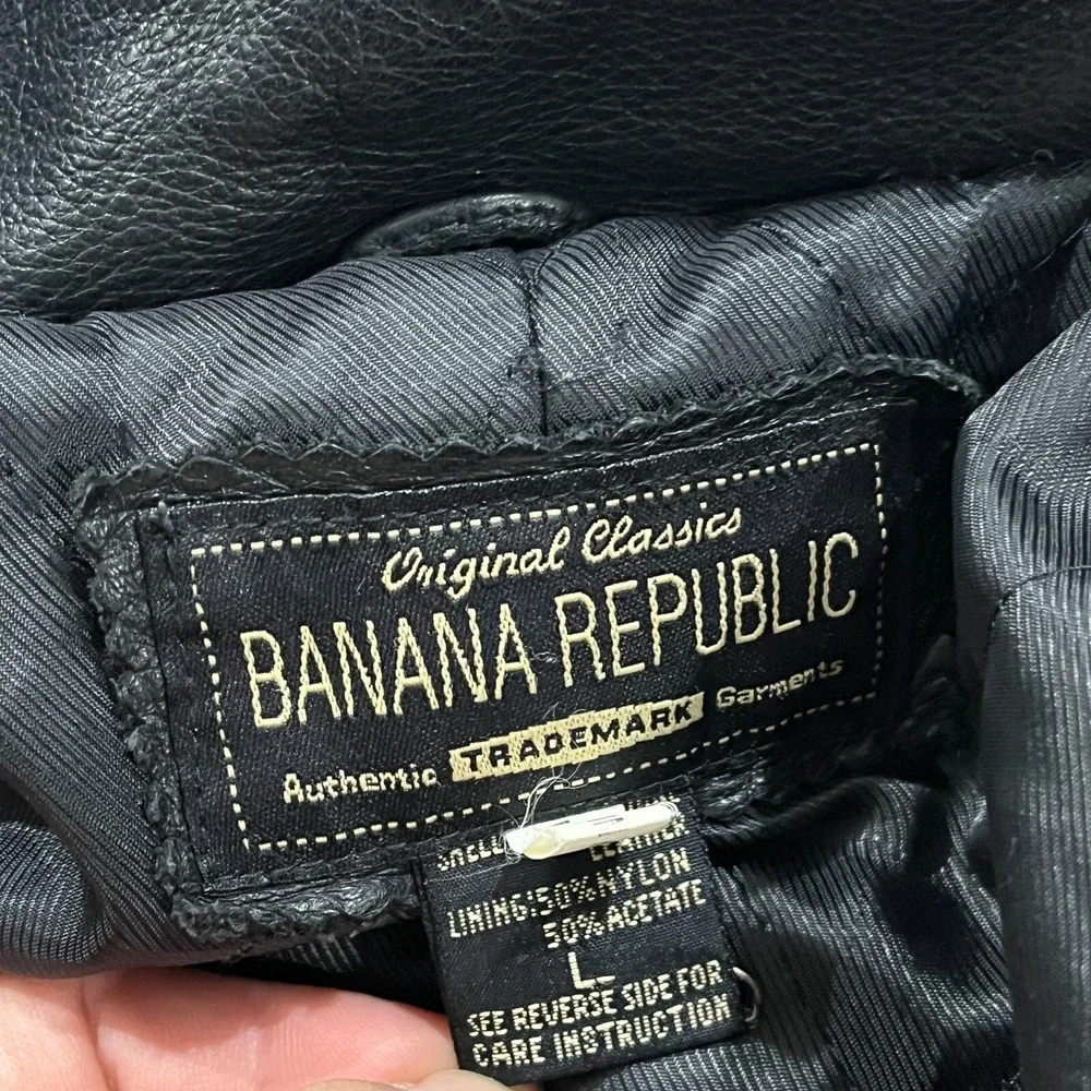 VTG Banana Republic Leather Jacket Mens‎ L Moto 90s Button Grunge Biker
